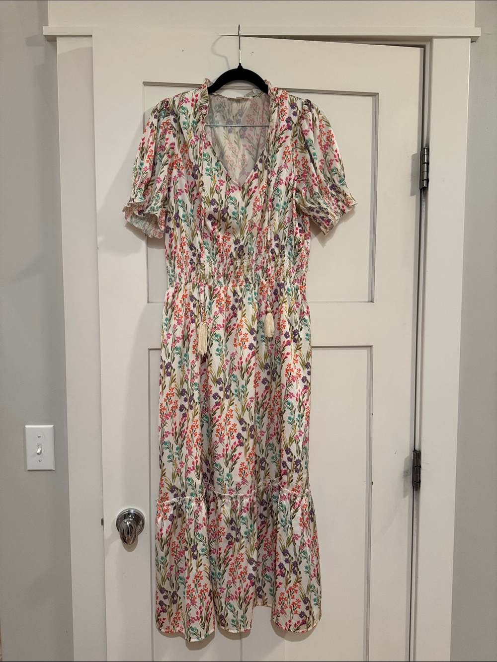 Floral V-Neck Midi Dress in Cream with Multicolor Print